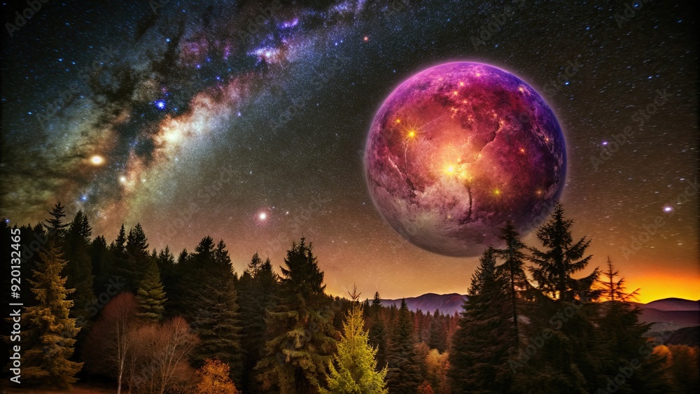 Wall mural Vibrant cherry purple colored galaxy shining in the sky above a lush forested planet, galaxy