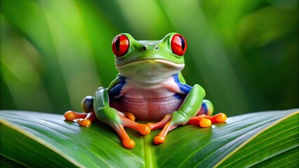 Fototapeta premium of a red-eyed tree frog meditating, frog, tree frog, red-eyed, meditation, zen, funny, humor, peaceful, nature, wildlife
