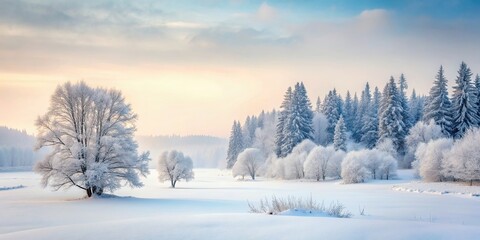 Muted color palette of snowy landscape, creating a serene winter mood, winter, cold, snow, landscape, serene, calm, peaceful, tranquil