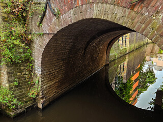 Small canal in the Netherlands with an arched brick bridge and the reflection of the buildings beyond the bridge..