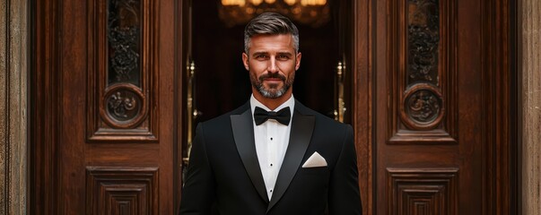 Butler greeting guests at the entrance of a lavish gala, ensuring a warm and elegant welcome, photorealistic