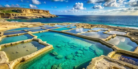 Obraz premium Ancient salt-harvesting pools in shades of turquoise and white, nestled beside the calm turquoise sea, create a serene patchwork landscape on Gozo's sun-kissed coast.