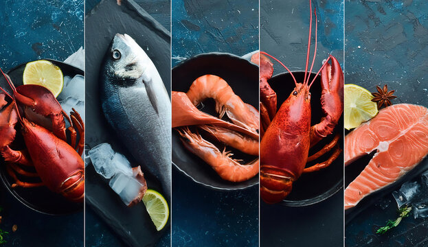 Fresh raw seafood collage with Sea bream fish, lobster, squid and shrimp on a dark stone background