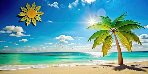 Obraz premium Paper cut artwork of a tropical beach scene with palm tree, ocean, sky, and sun, paper art, tropical beach, blue ocean