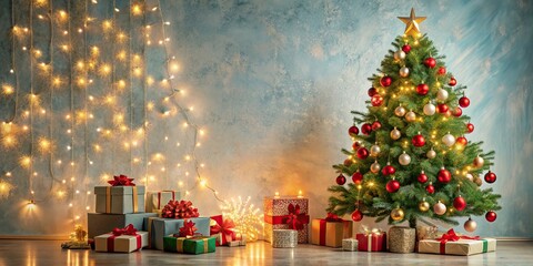 Festive holiday scene with decorated Christmas tree, gifts, lights, and ornaments , Christmas, celebration