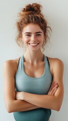 Fototapeta premium on white background Woman smiling in front of white wall with mat and water bottle stock photo