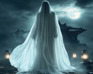 Mysterious Ghostly Figure Cloaked in White Haunting Ancient Eastern Temple Under Full Moon in Eerie Night Scene