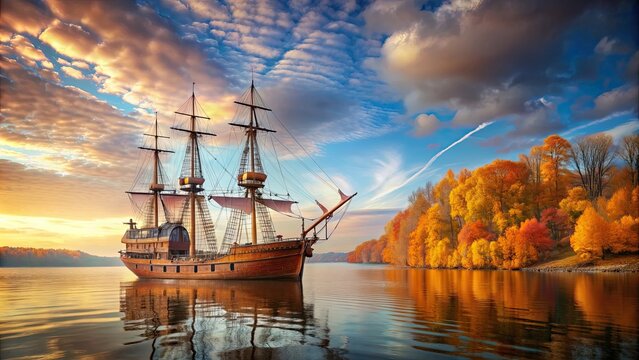 Old-fashioned wooden ship sailing on the ocean during autumn , historical, colonial, voyage, pilgrims, autumn, sea