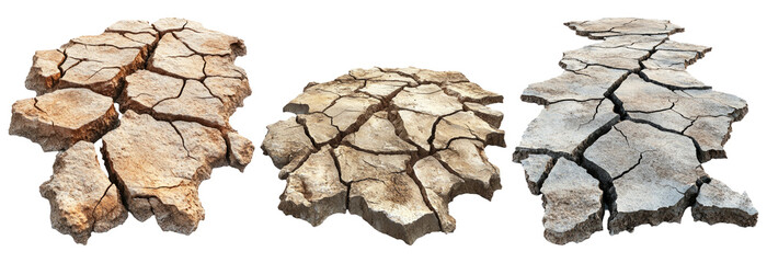 Cracked dry ground textures isolated on transparent background