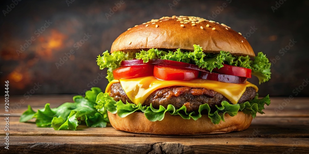 Canvas Prints Delicious gourmet burger with juicy beef patty, lettuce, tomatoes, caramelized onions, melted cheese