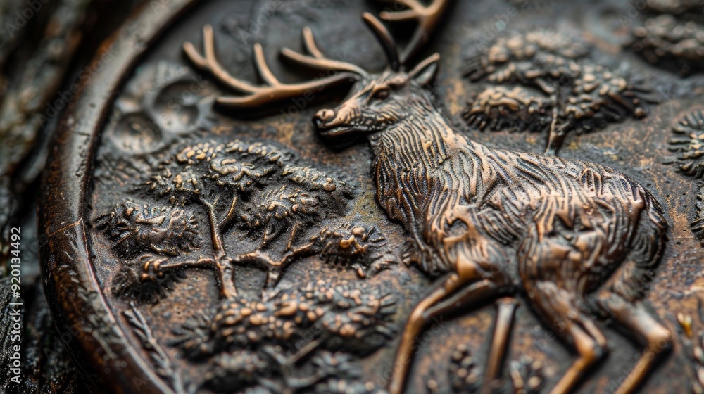 Poster an upclose view of a vintage button with a raised embossed design of a stag in a forest highlighting
