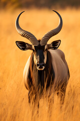 Obraz premium Majestic Portrait of Gnu Antelope in its Natural Savannah Habitat Against the Backdrop of Azure Skies