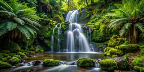 Waterfall cascading through dense green forest with ferns and moss, waterfall, green, forest, lush, trees, ferns, nature