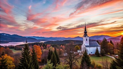 Serene landscape with church among trees, vibrant sunset sky, and majestic mountains , church, trees, sunset, landscape, serene
