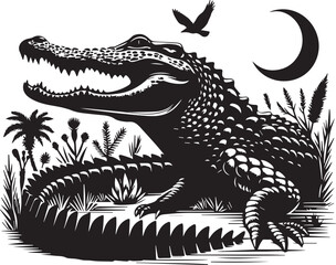 Alligator black and white silhouette, vector illustration.