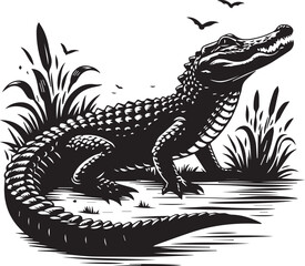 Alligator black and white silhouette, vector illustration.