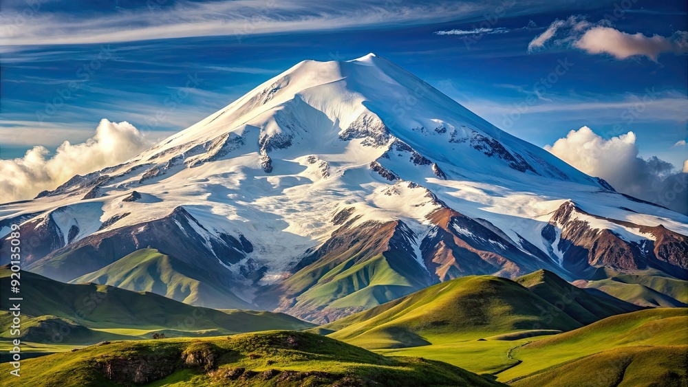 Poster Gorgeous snowy peak of Elbrus mountain in the Caucasus range, outdoors, nature, landscape, mountain, snow, summit, peak