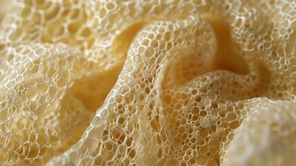 In this closeup the textured surface of a loofah resembles a network of tiny beige bubbles.