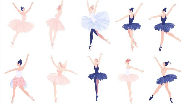 on white background. Beautiful ballerina flat vector set illustration. Beauty of classic ballet. Young graceful woman ballet dancer wearing tutu. Pointe shoes, pastel colors. 