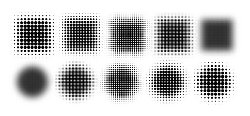 Circle halftone. Abstract dotted circles, round halftones geometric dots gradient and pop art texture. Dot spray gradation vector set. Illustration halftone gradient spotted, effect round