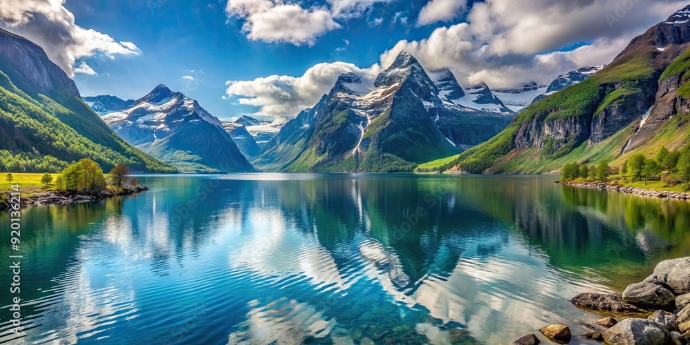 Poster Scenic view of a majestic fjord in Norway with snow-capped mountains and crystal clear water , Norway, travel