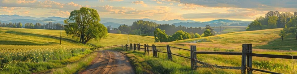 Country road winding through vibrant spring fields and meadows on a sunny evening.