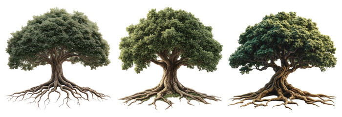 Majestic tree set isolated on transparent background with strong roots and lush foliage nature and growth