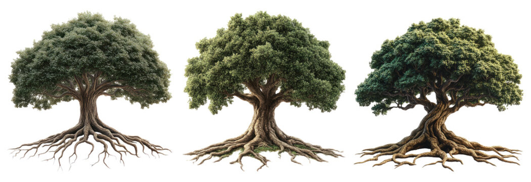 Majestic tree set isolated on transparent background with strong roots and lush foliage nature and growth
