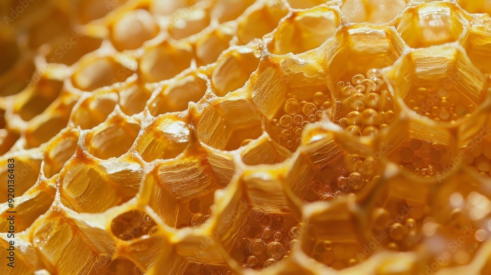 Poster a macro shot of a beehive showcasing the intricate network of honeycomb cells constructed by the ind