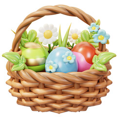 Easter eggs in the wooden basket with flowers. Cute cartoon 3D Happy Easter day festival. Spring holiday