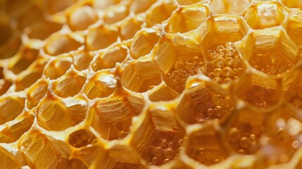 A macro shot of a beehive showcasing the intricate network of honeycomb cells constructed by the industrious bees.
