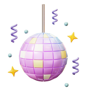 colorful disco ball with confetti and shining stars, sparkle. Cute cartoon 3D wedding, wedding invitation, marrying, ceremony, romantic concept. Groom and bride.
