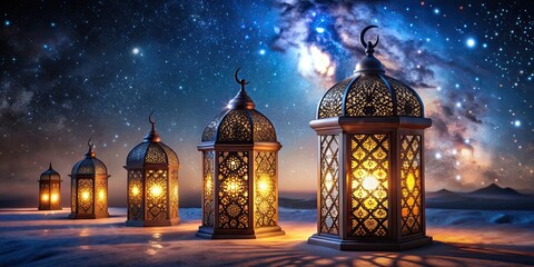 Obraz premium Elegant lanterns with Arabic patterns against starry night background, perfect for Ramadan or Ied celebration