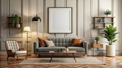 Retro-inspired living room interior with mockup frame in black  rendering, timeless, elegance, retro, living room
