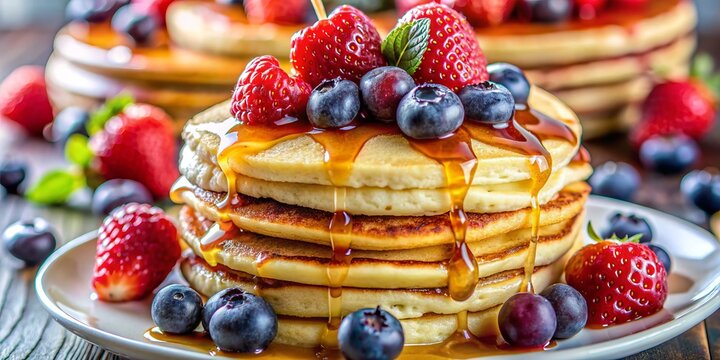 Vibrant extreme macro shot of fluffy pancakes loaded with juicy berries and drizzled with rich maple syrup, showcasing tantalizing textures and mouthwatering details.