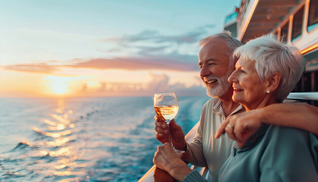 Happy senior romantic couple celebrate onboard of luxury cruise ship with glass of wine at sunset.