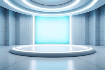 Futuristic circular stage with neon lights.