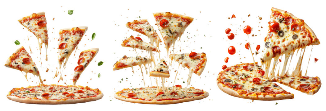 Colorful pizzas set isolated on transparent background with vibrant toppings and detailed designs delicious and artistic