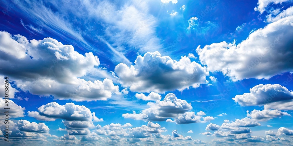 Poster Blue sky with fluffy white clouds on a sunny day, blue sky, clouds, sunny, sky, weather, nature, cumulus, fluffy, summer