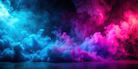 Fototapeta premium Vibrant neon blue and magenta pink color explosion background with dark smoke cloud texture and steam splashes, vibrant, neon