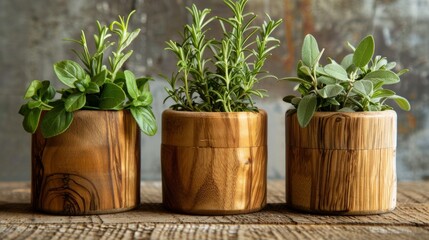 Fototapeta premium A trio of rustic wooden e jars each one filled with a different organic herb rosemary thyme and sage. The smooth and polished wood complements the earthy greens of the herbs.