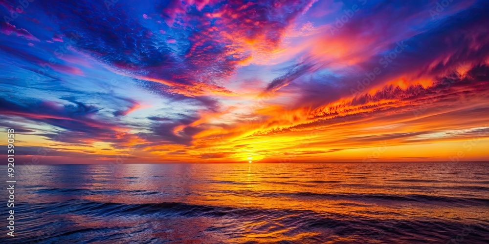 Poster Vibrant sunset over the ocean with colorful sky and silhouetted horizon, sunset, sea, ocean, horizon, colorful, vibrant, sky