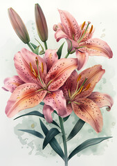 A detailed illustration of pink lilies with buds against a soft watercolor background.