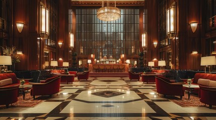 Elegant, art deco style lobby with ornate details and plush furniture. The space is bathed in warm lighting.
