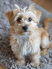 A fluffy dog sitting on a rug, looking curiously at the camera.