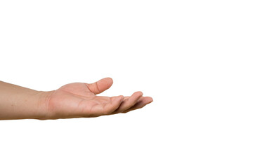 Man hand with french manicure with palm up, isolated on white background.