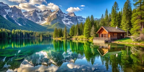 Fototapeta premium Serene alpine lake reflects majestic snow-capped mountains in its crystal clear waters, surrounded by lush greenery and featuring a charming wooden cabin on its tranquil shore.