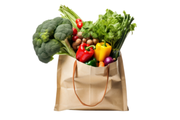 Illuminated grocery paper bags of a variety of healthy vegetables