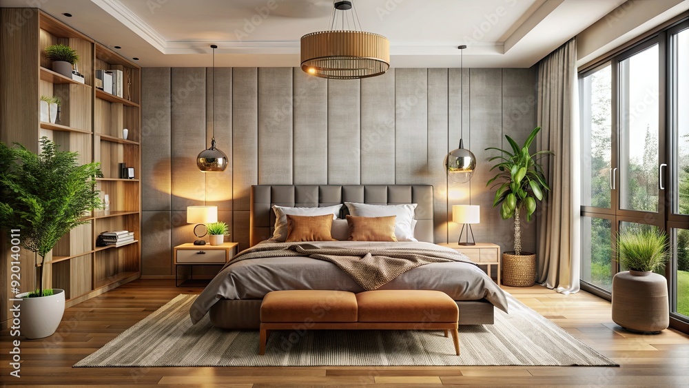 Wall mural Cozy and modern bedroom interior with comfortable bed and stylish decor, bedroom, interior, cozy, modern, comfortable, bed