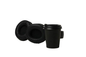 PNG,A cup of coffee with headphones, isolated on white background